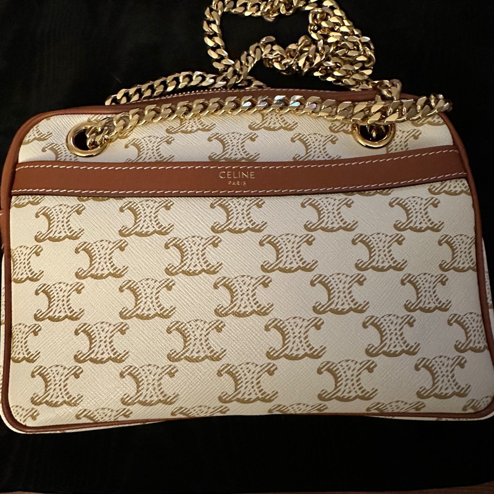 LIKE NEW- Celine Patapans Triomphe bag in canvas and calfskin white